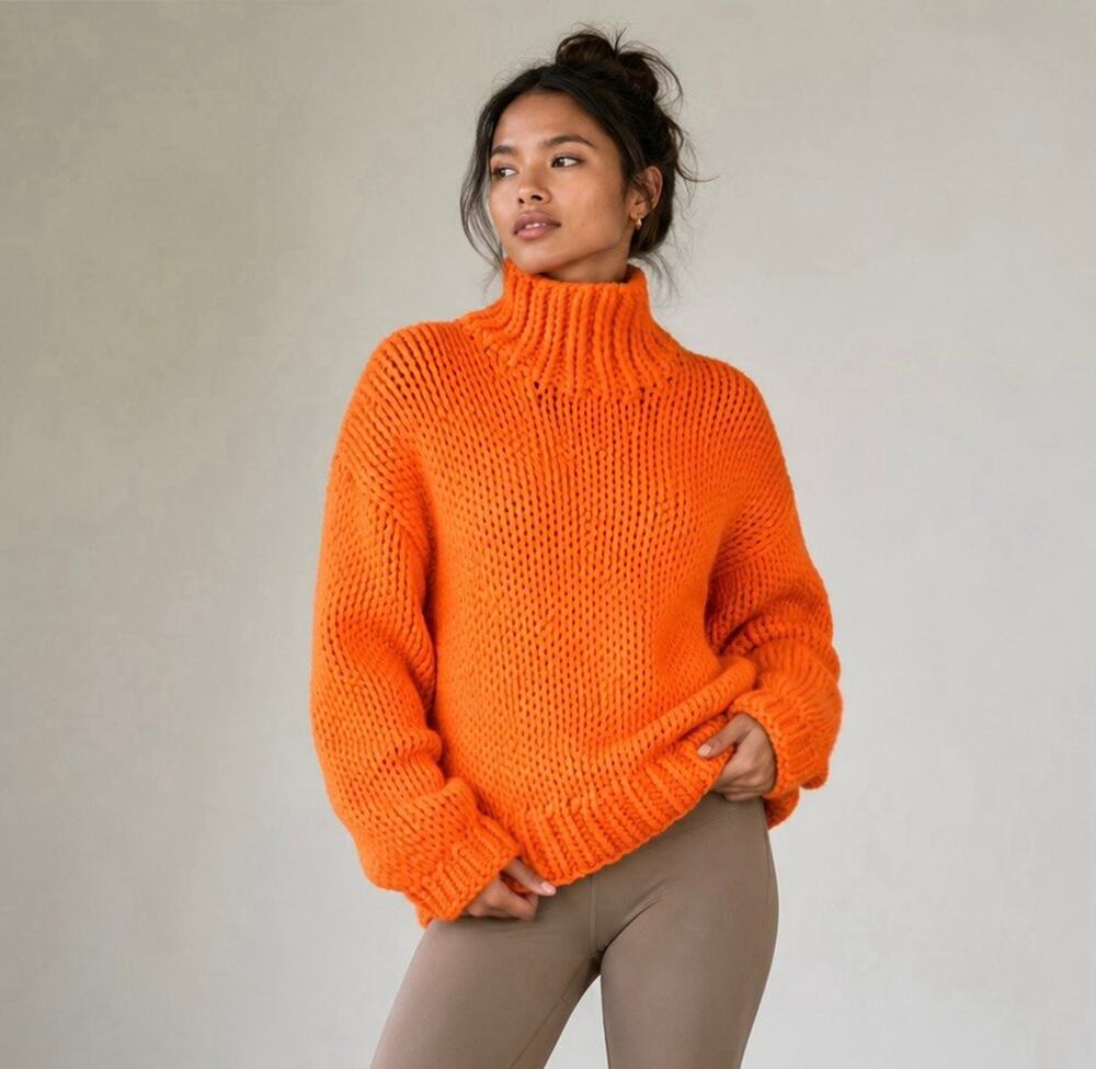 Tory Burch Sport Orange Chunky Hand Knit Sweater Funnel Neck Athleisure Size XS